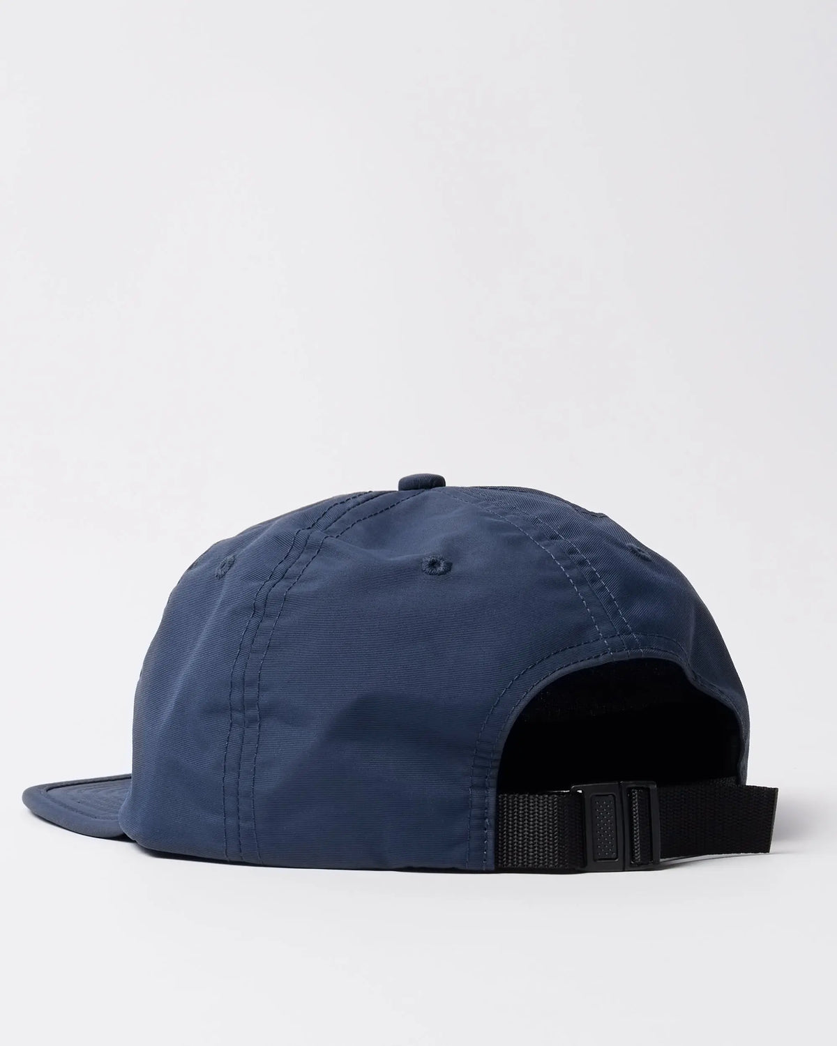 Back view of the byParra Signature 6 Panel Hat in blue with adjustable webbing strap closure.