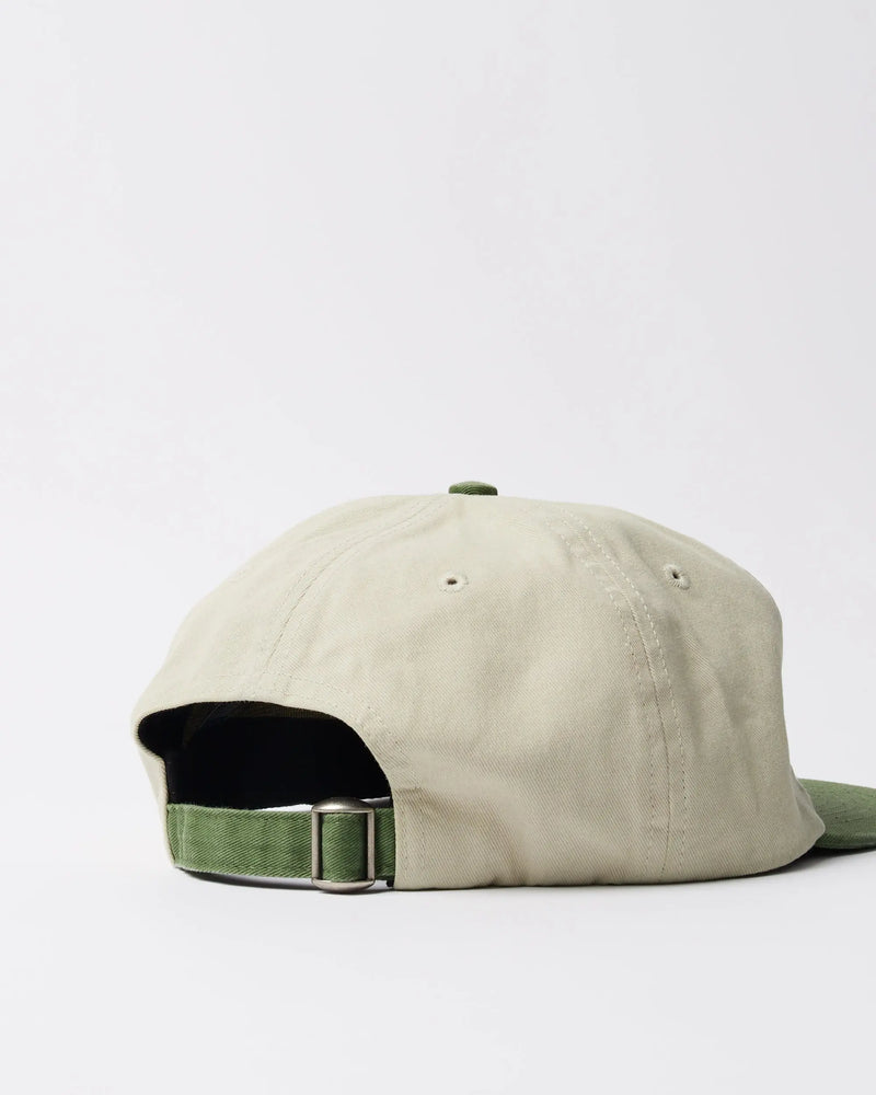 Back view of the byParra Paper Par 6 Panel Hat in beige and green cotton twill with an adjustable strap.