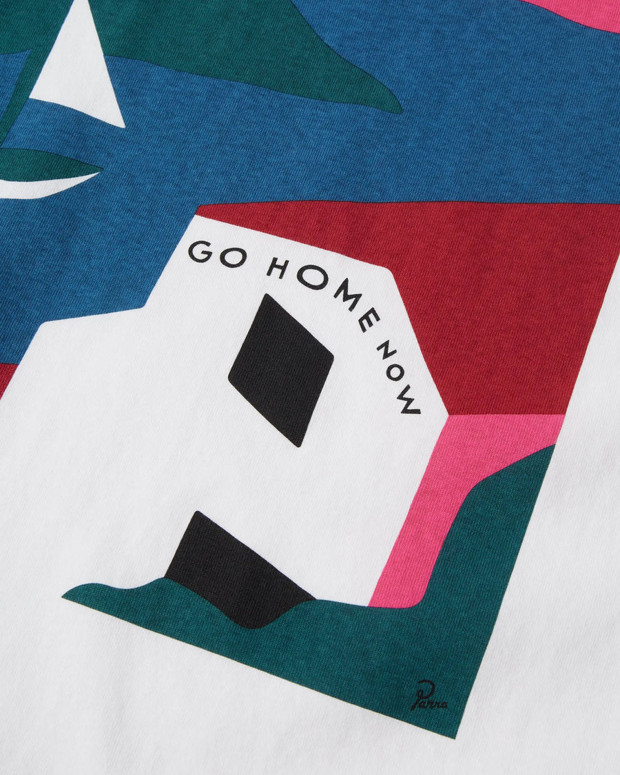 Graphic print detail with GO HOME NOW text on the By Parra No Vacation T-Shirt in white.