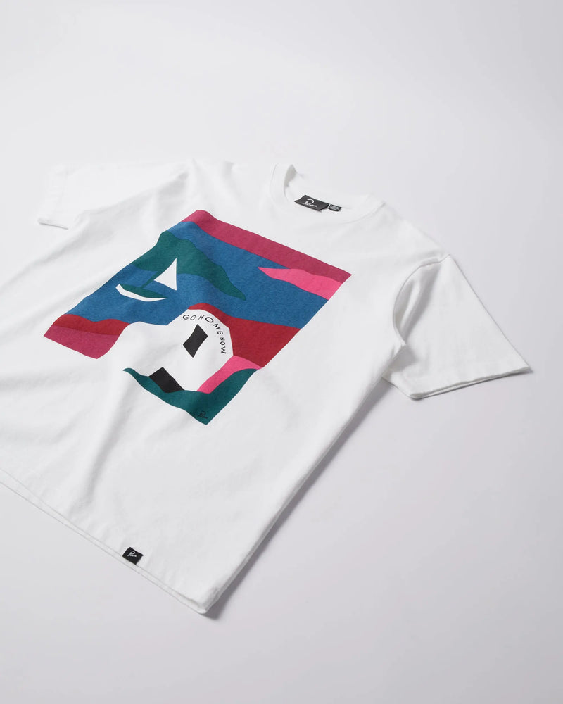 By Parra No Vacation white graphic t-shirt laid flat with colorful abstract artwork on the front.