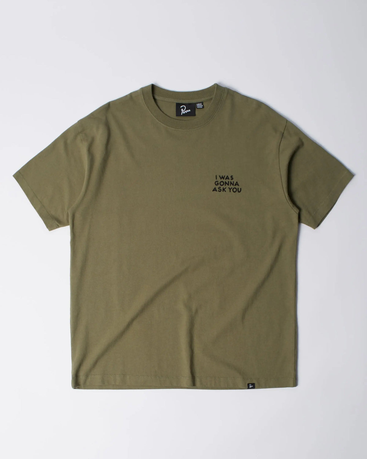 Green By Parra Waiting For You t-shirt laid flat, featuring black chest text embroidery.