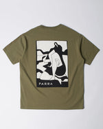 Back of the green By Parra Waiting For You T-shirt featuring a monochrome graphic artwork print.