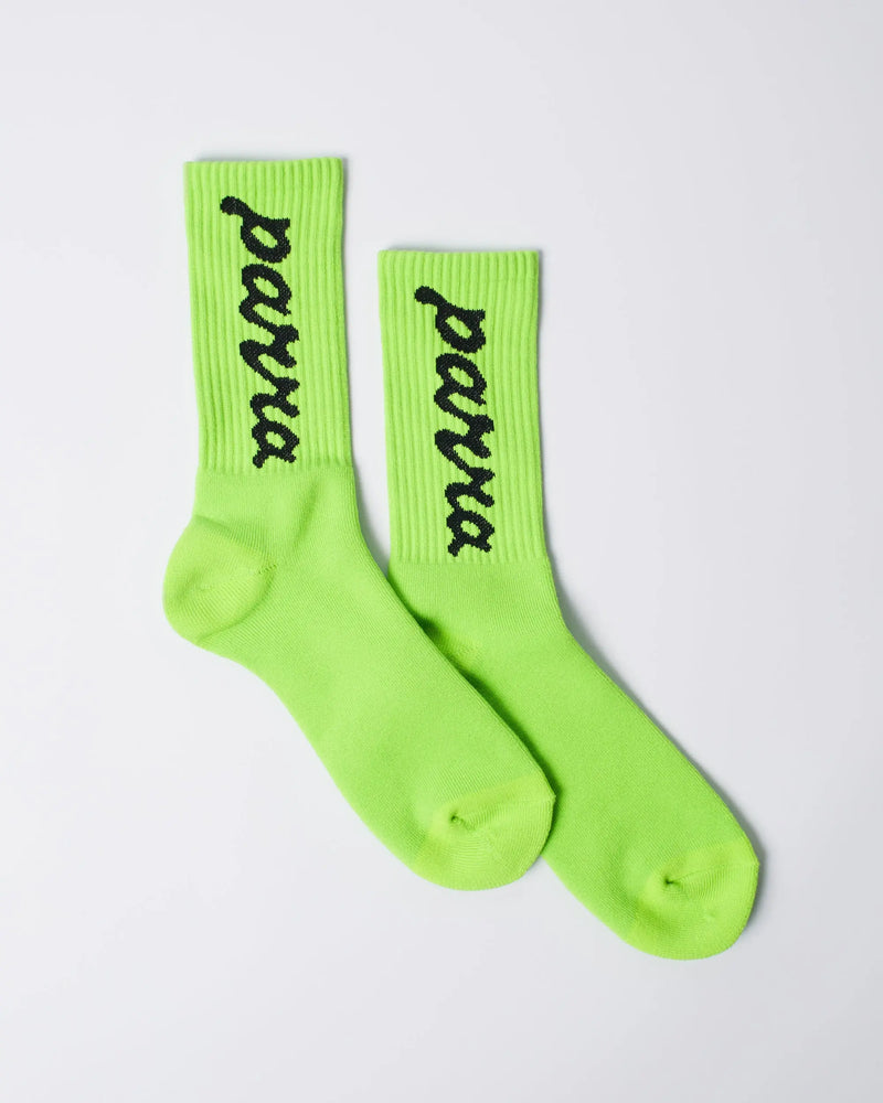 By Parra Lowercase script logo ribbed crew socks in acid green with black lettering.