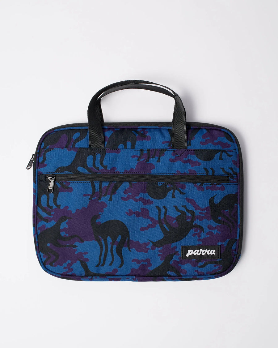 By Parra Purple Camo Beast laptop sleeve in blue with handles and front zip pocket.