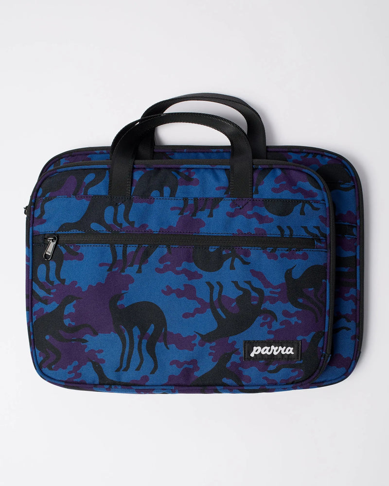 By Parra Purple Camo Beast laptop sleeve in blue and purple camouflage with top handles.
