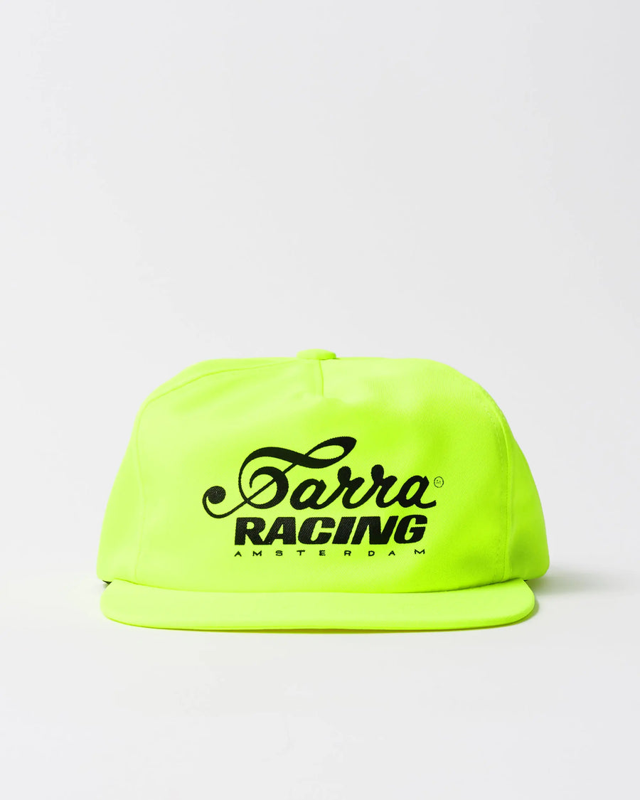 Front view of the By Parra Racing 5-panel hat in neon yellow with black embroidered graphics.