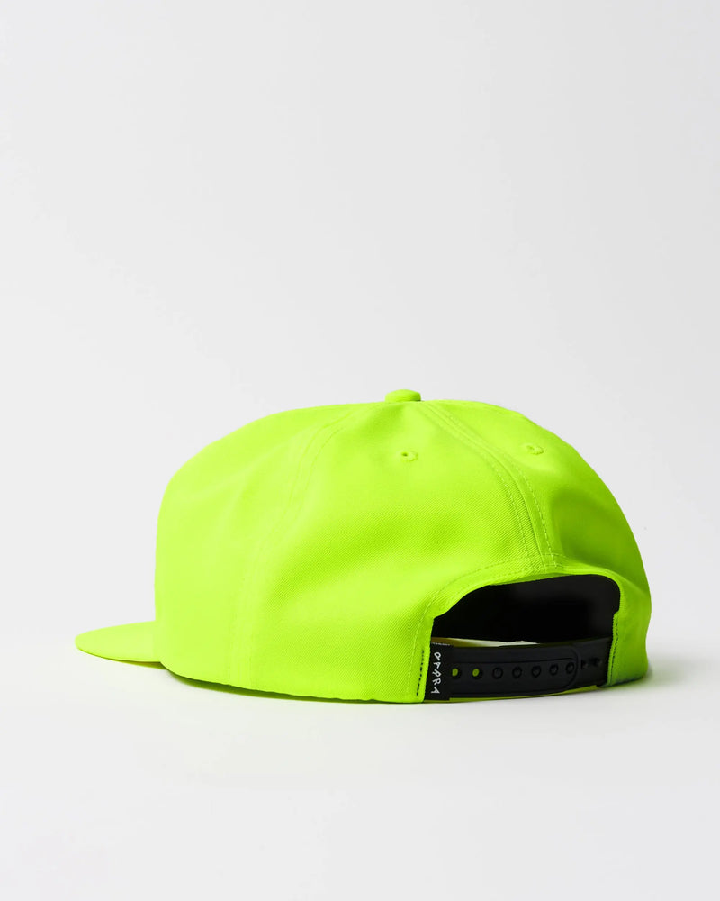 Rear view of the By Parra Racing 5 panel hat in neon yellow with a black adjustable snapback strap.