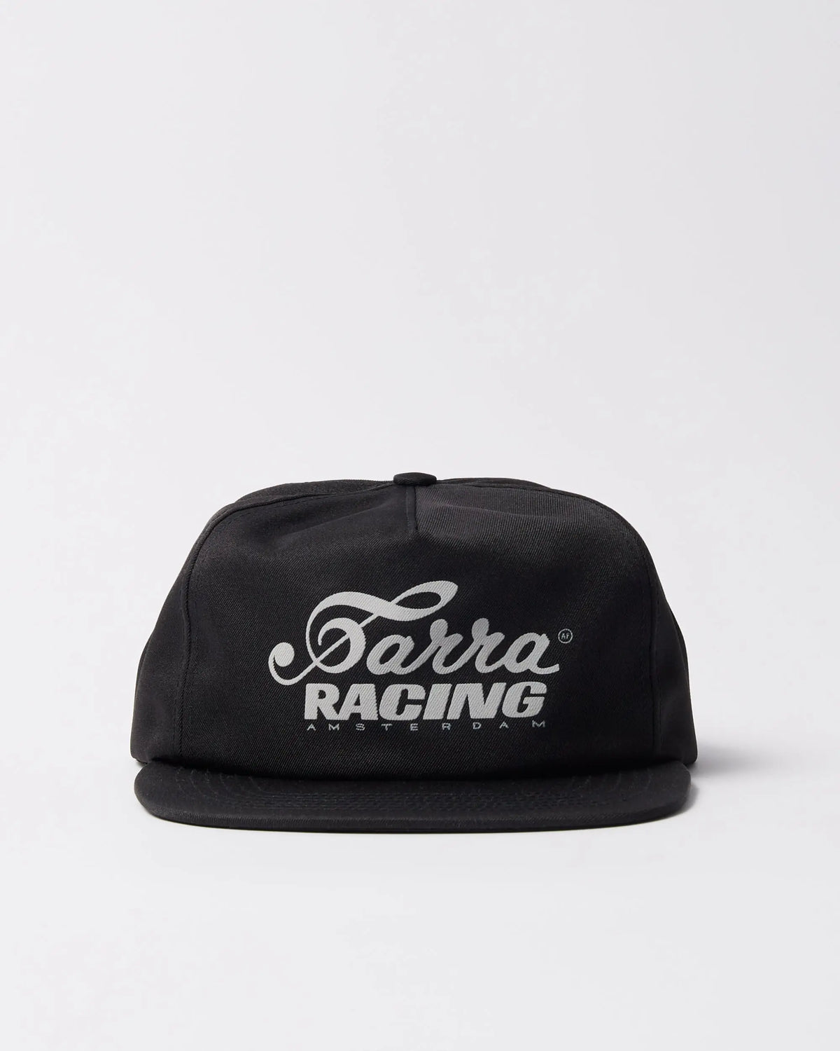 Black By Parra Racing 5-panel hat featuring white embroidered logo branding across the front.