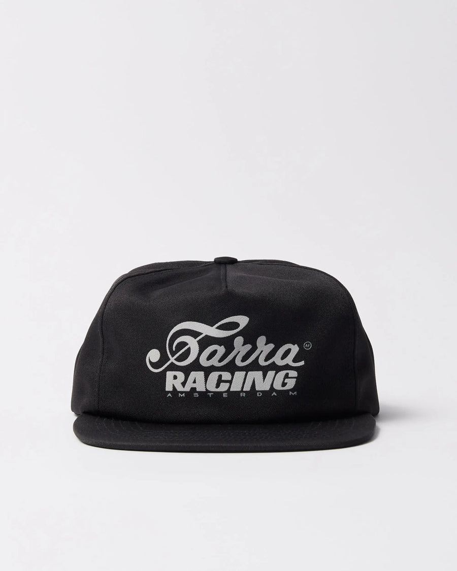 Black By Parra Racing 5-panel hat featuring white embroidered logo branding across the front.