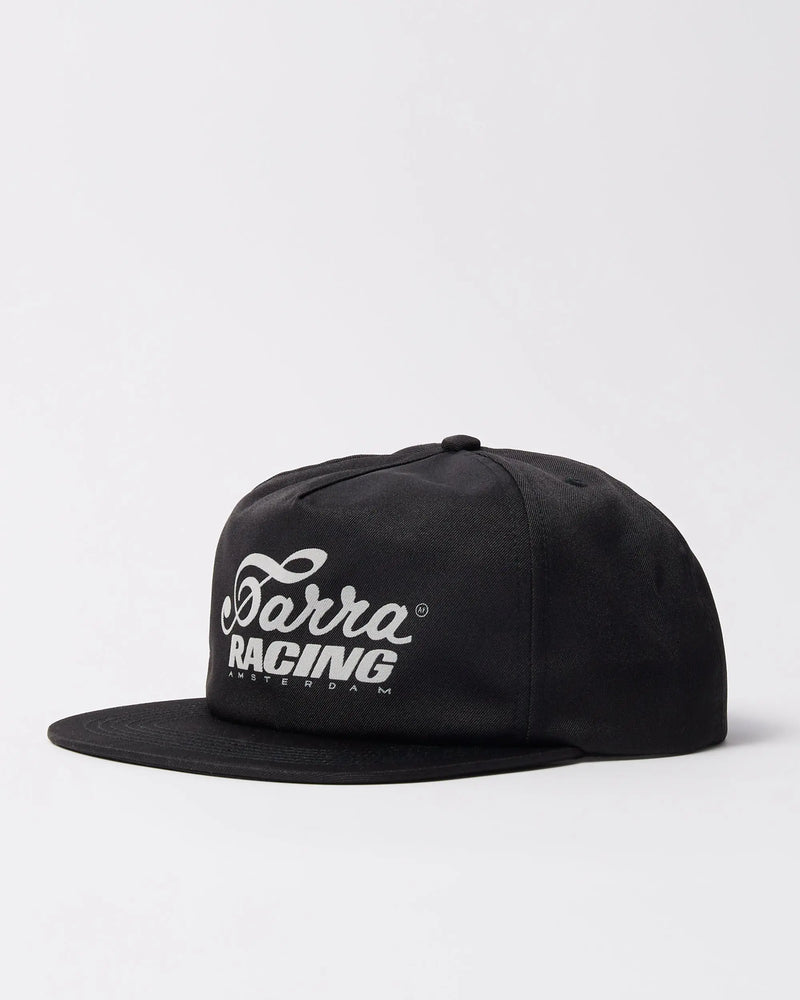 Black By Parra Racing 5-panel hat featuring white script logo embroidery on a plain background.