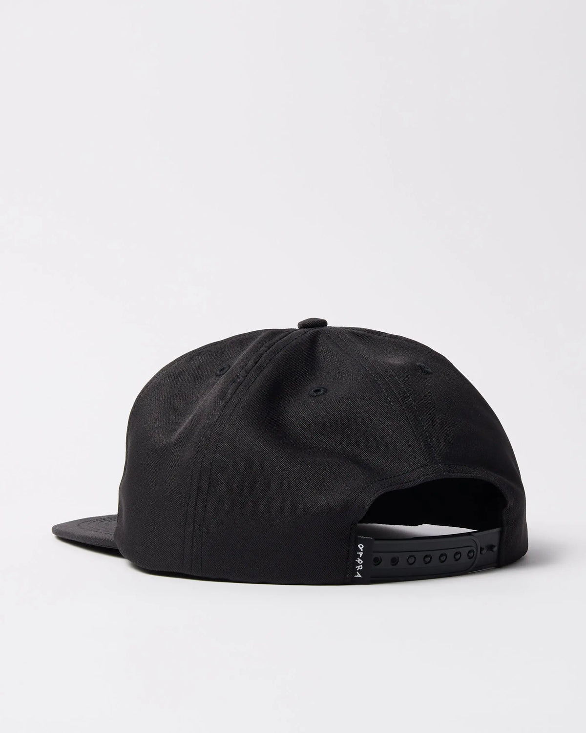 Rear view of the black By Parra Racing 5-panel hat, showing the adjustable snapback strap.