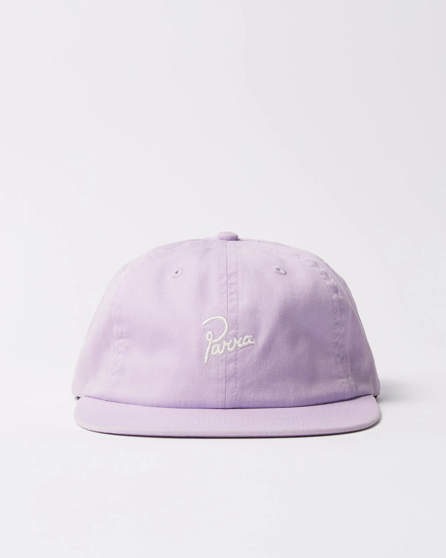 Front view of the By Parra Signature 6 panel hat in light purple with white embroidered logo.