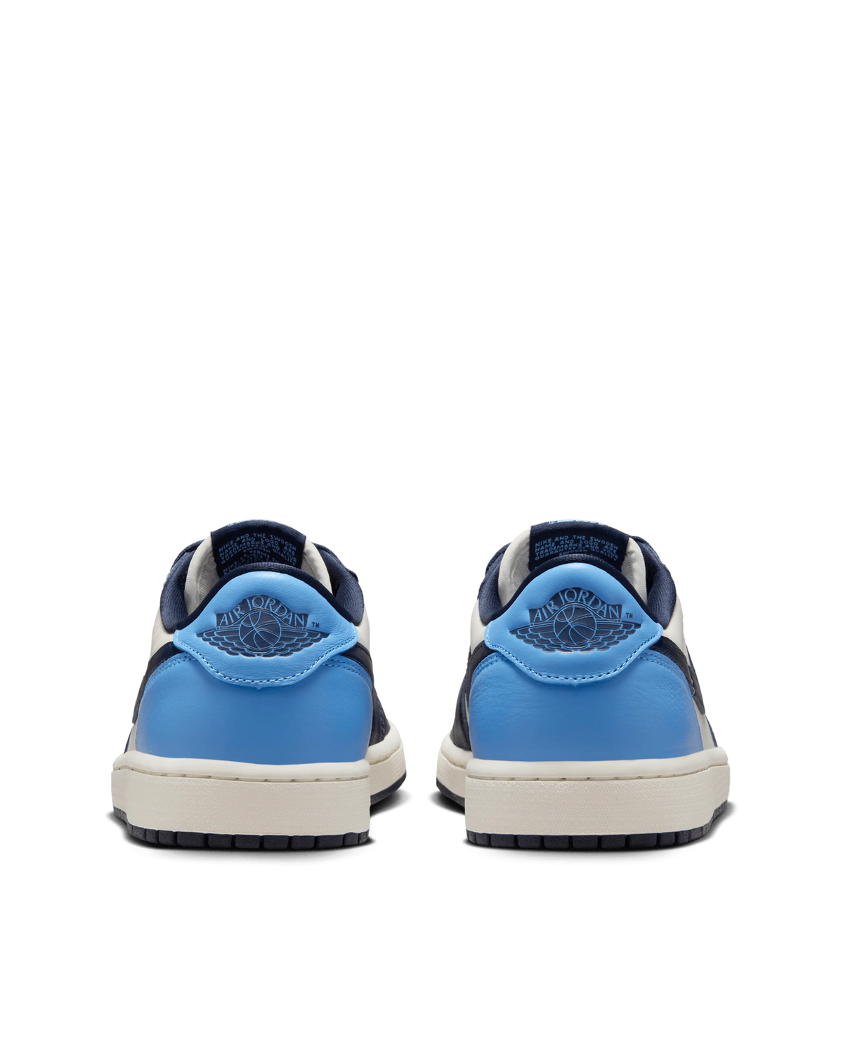 Rear view of Air Jordan 1 Low OG sneakers in Obsidian and University Blue leather with Jordan Wings logos.