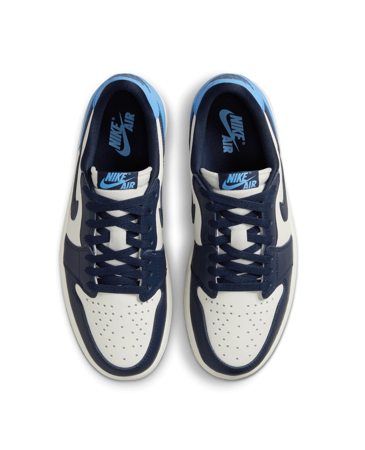 Top-down view of Air Jordan 1 Low OG sneakers in Obsidian, University Blue, and Sail leather.