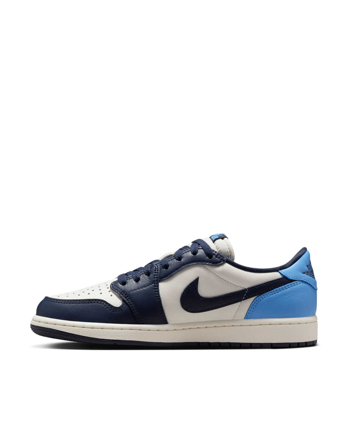 Air Jordan 1 Low OG sneaker in Obsidian and University Blue leather, lateral profile view.