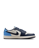 Air Jordan 1 Low OG sneaker in Obsidian, University Blue, and Sail shown in lateral side profile.