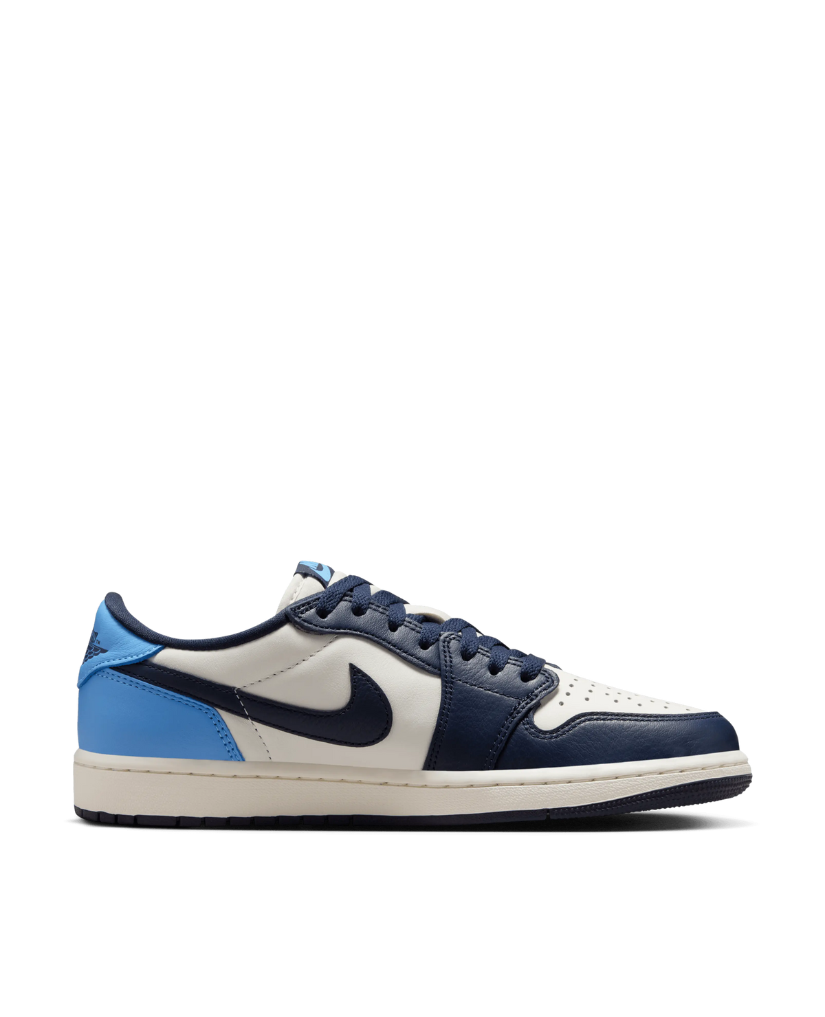 Air Jordan 1 Low OG sneaker in Obsidian, University Blue, and Sail shown in lateral side profile.