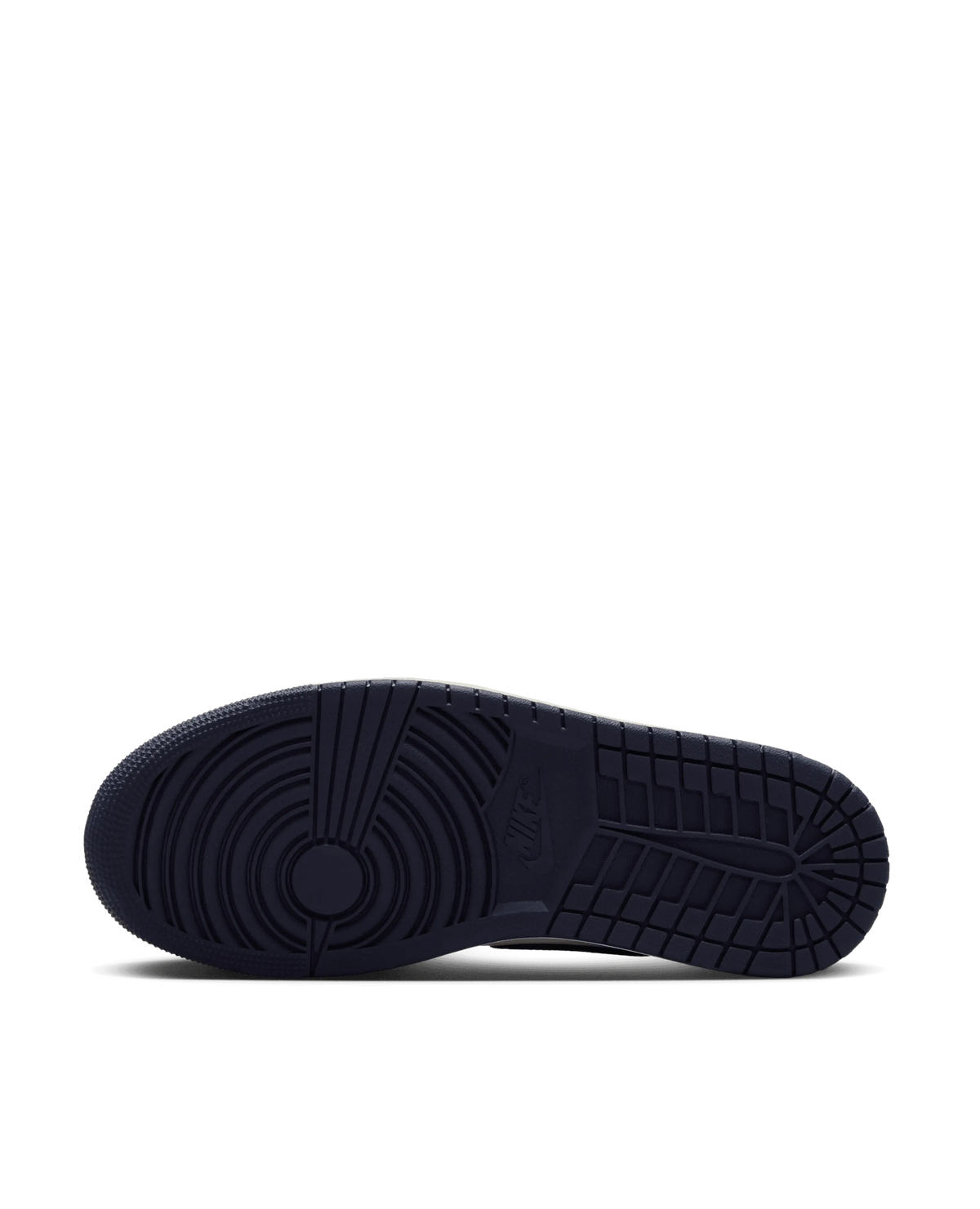 Dark obsidian rubber outsole and tread pattern of the Air Jordan 1 Low OG sneaker.