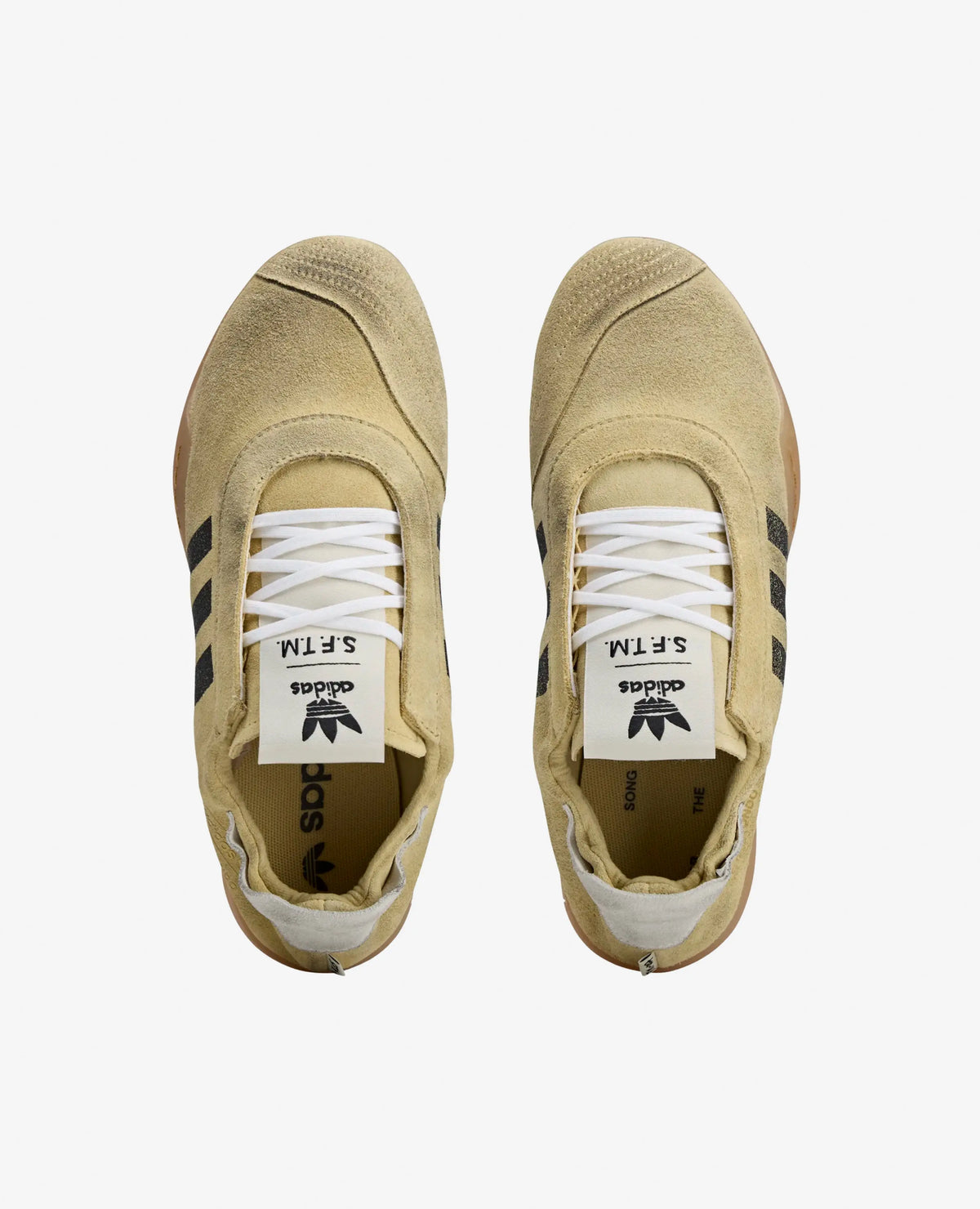 Top-down view of adidas x Song For The Mute Taekwondo Mei sneakers in cream suede with white laces.