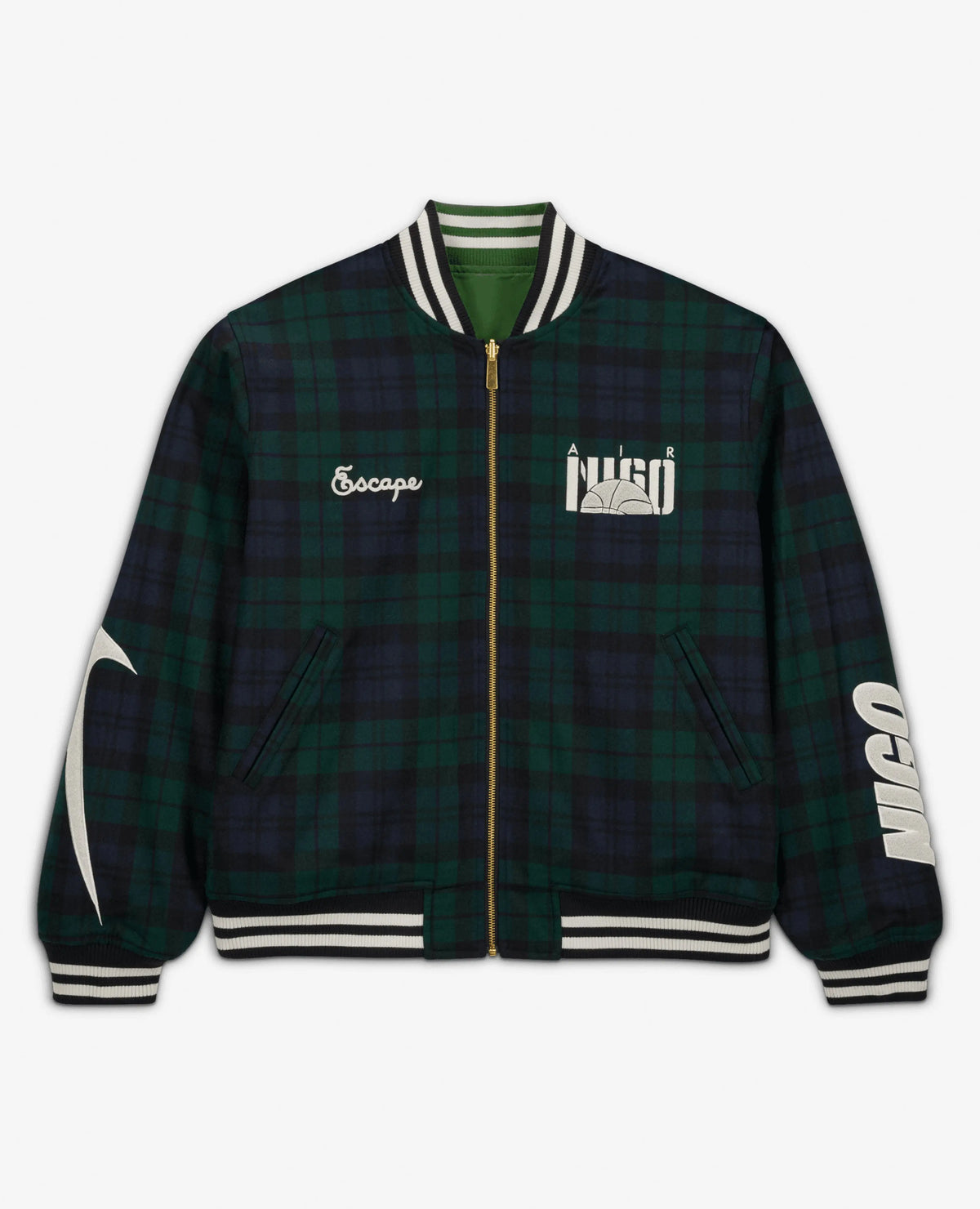 Nike x NIGO Coach Jacket in forest green plaid with embroidered logo details.