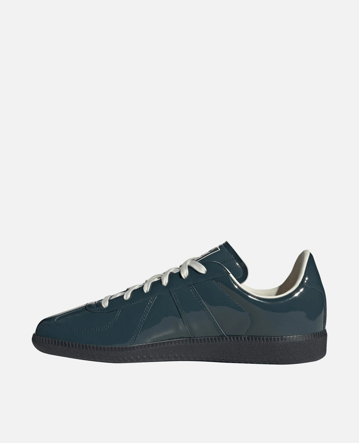 adidas BW Army sneaker in glossy dark carbon patent leather shown in a side profile view.