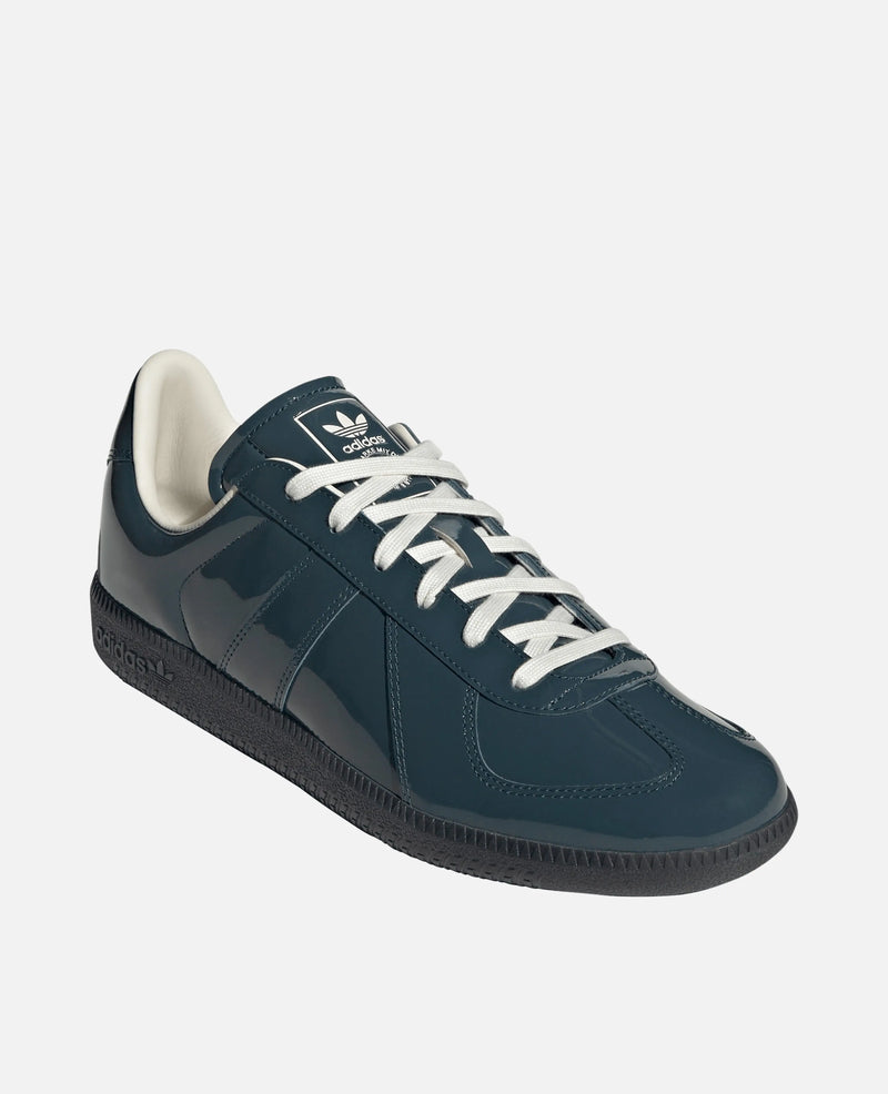 adidas BW Army sneaker in glossy dark teal patent leather with white laces, shown from an angled front view.