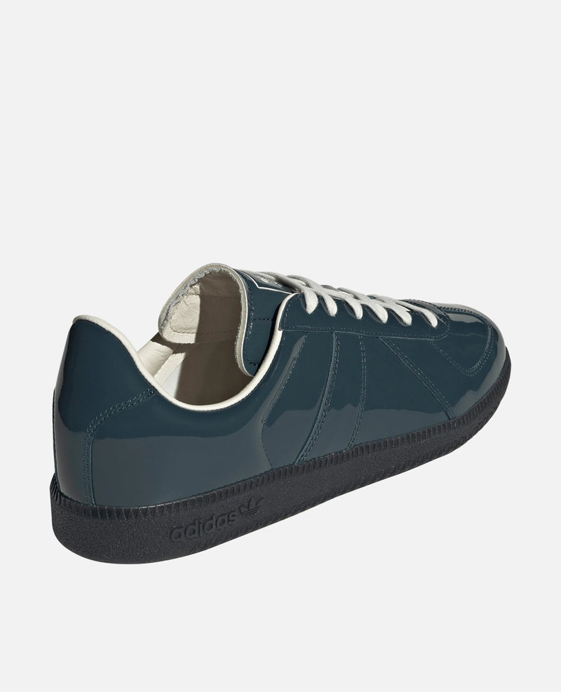 Rear three-quarter view of the adidas BW Army sneaker in glossy carbon patent leather.