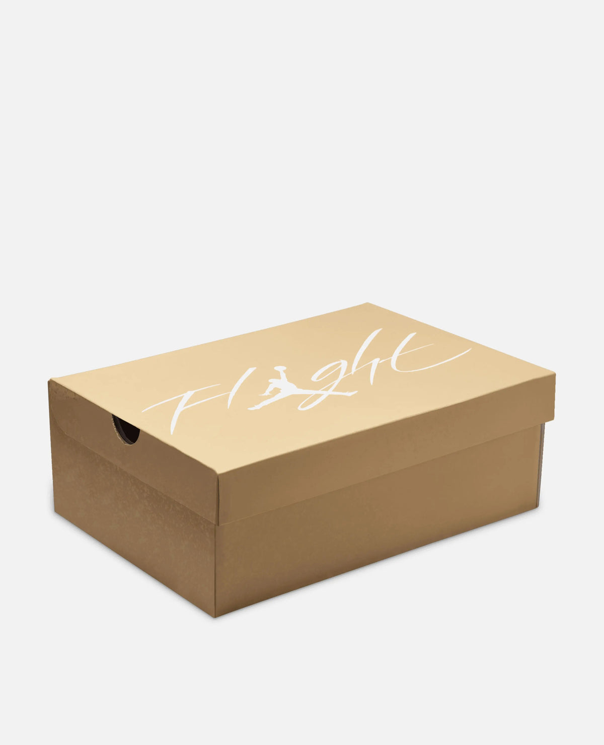 Tan Air Jordan 4 Retro shoebox with white Flight logo on a plain background.