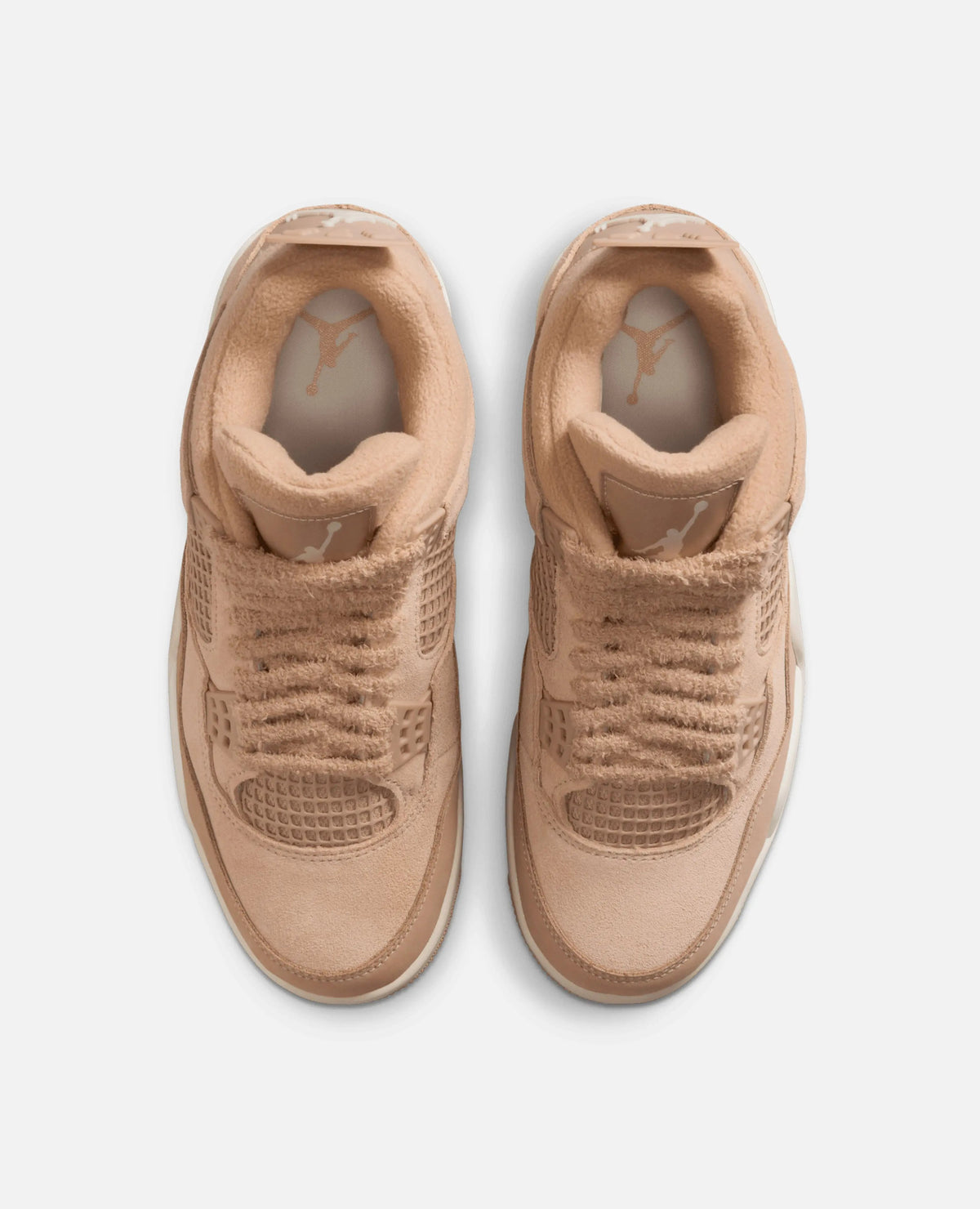 Top-down view of Nike WMNS Air Jordan 4 Retro Tex sneakers in hemp tan with fleece lining and laces.