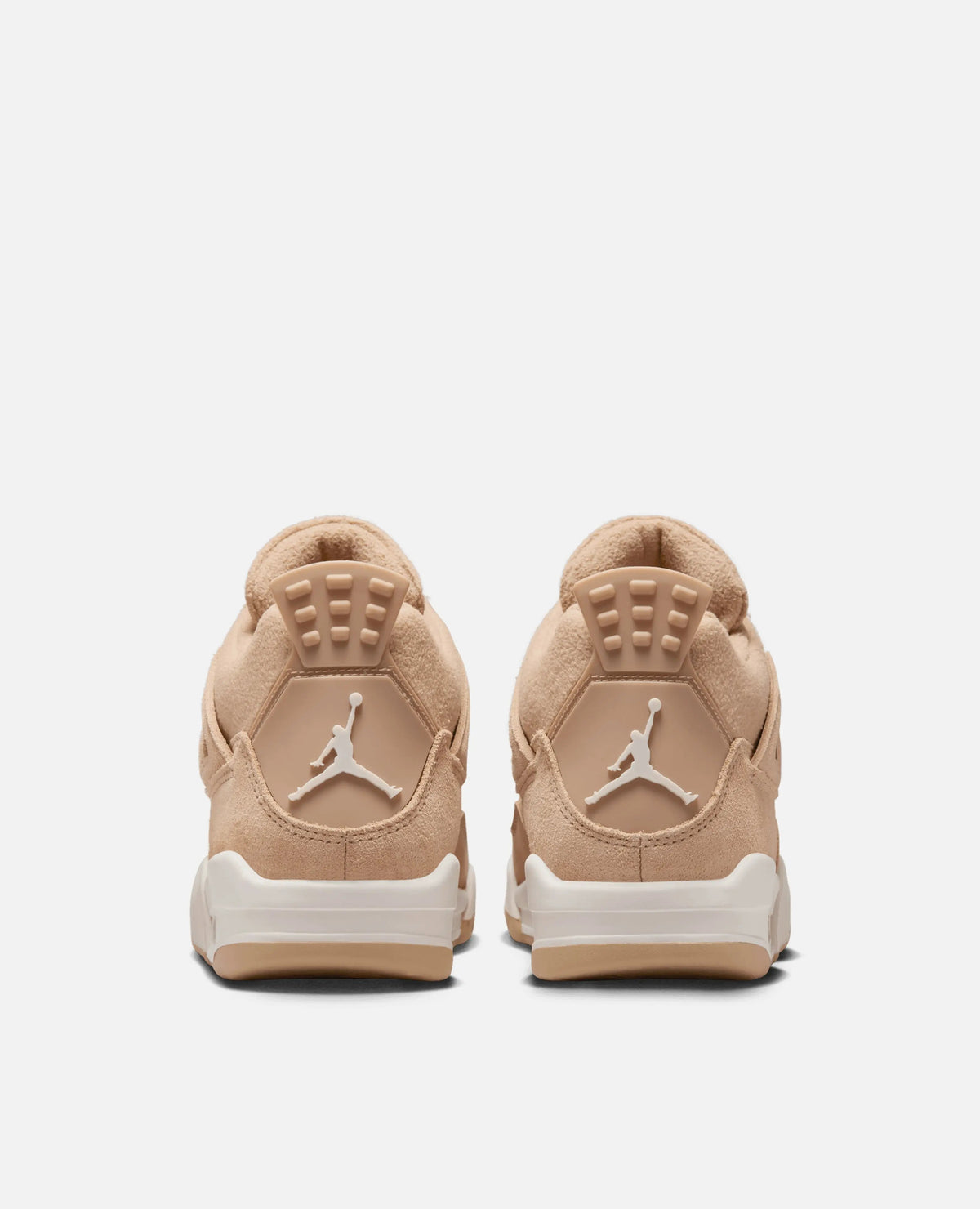 Rear view of Nike WMNS Air Jordan 4 Retro Tex sneakers in hemp tan with white Jumpman logos.