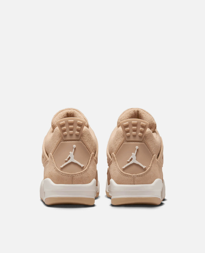 Rear view of Nike WMNS Air Jordan 4 Retro Tex sneakers in hemp tan with white Jumpman logos.