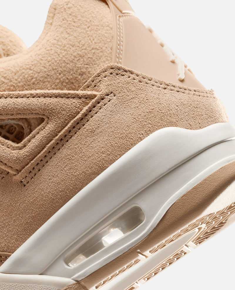 Close-up of the hemp suede upper and visible Air unit on the Nike WMNS Air Jordan 4 Retro Tex sneaker.