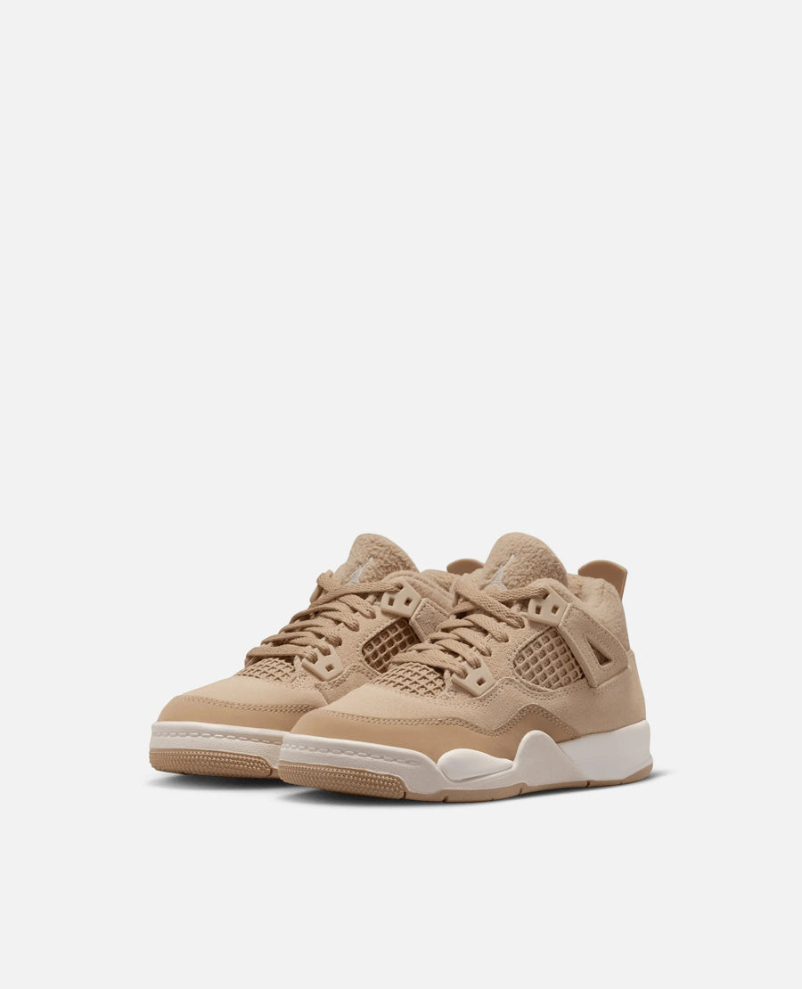 Pair of Nike Air Jordan 4 Retro Tex preschool sneakers in Hemp and Light Orewood Brown.