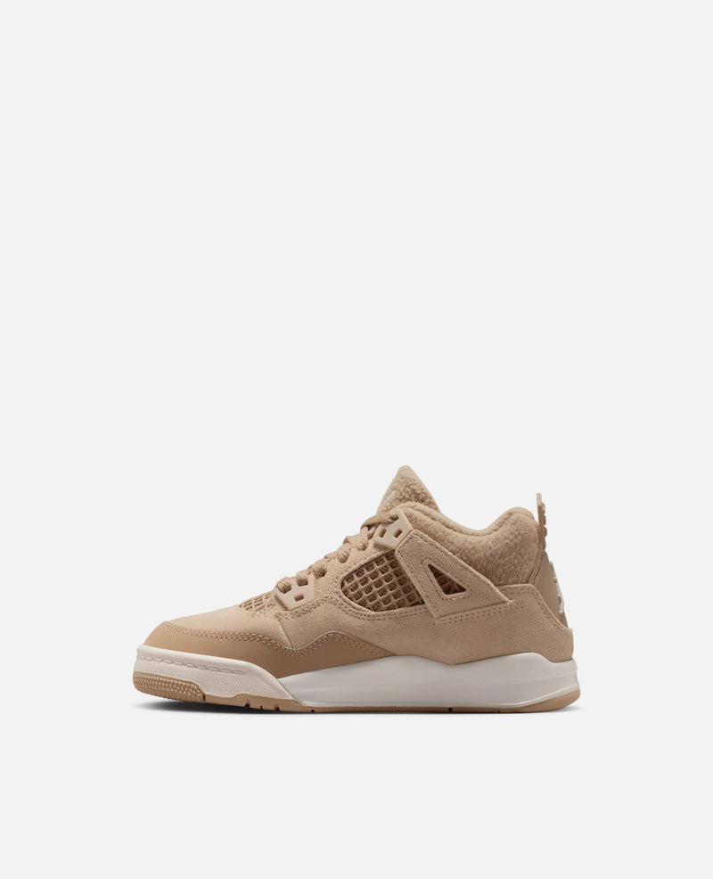 Side profile of the Nike Air Jordan 4 Retro Tex (PS) sneaker in Hemp and Light Orewood Brown.