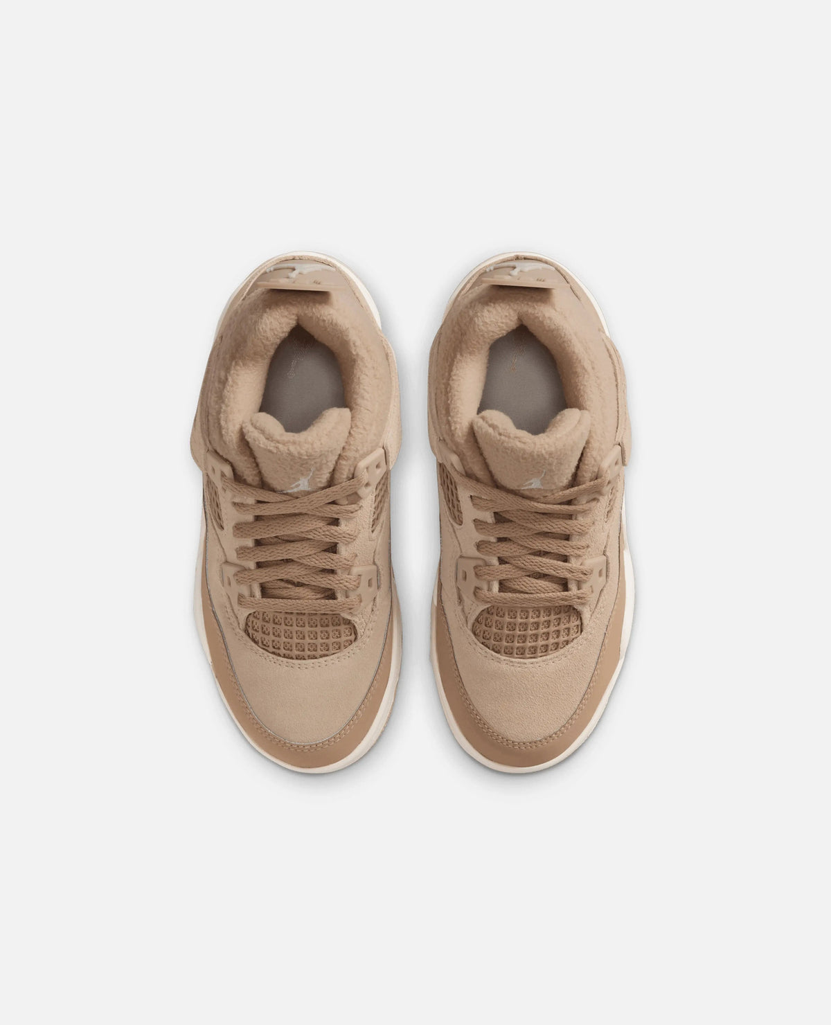 Top-down view of Nike Air Jordan 4 Retro Tex (PS) sneakers in Hemp and Light Orewood Brown.
