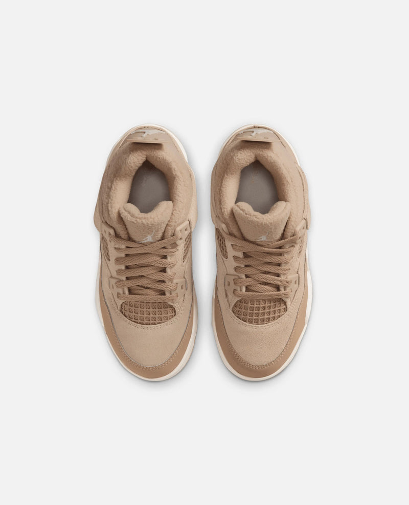 Top-down view of Nike Air Jordan 4 Retro Tex (PS) sneakers in Hemp and Light Orewood Brown.