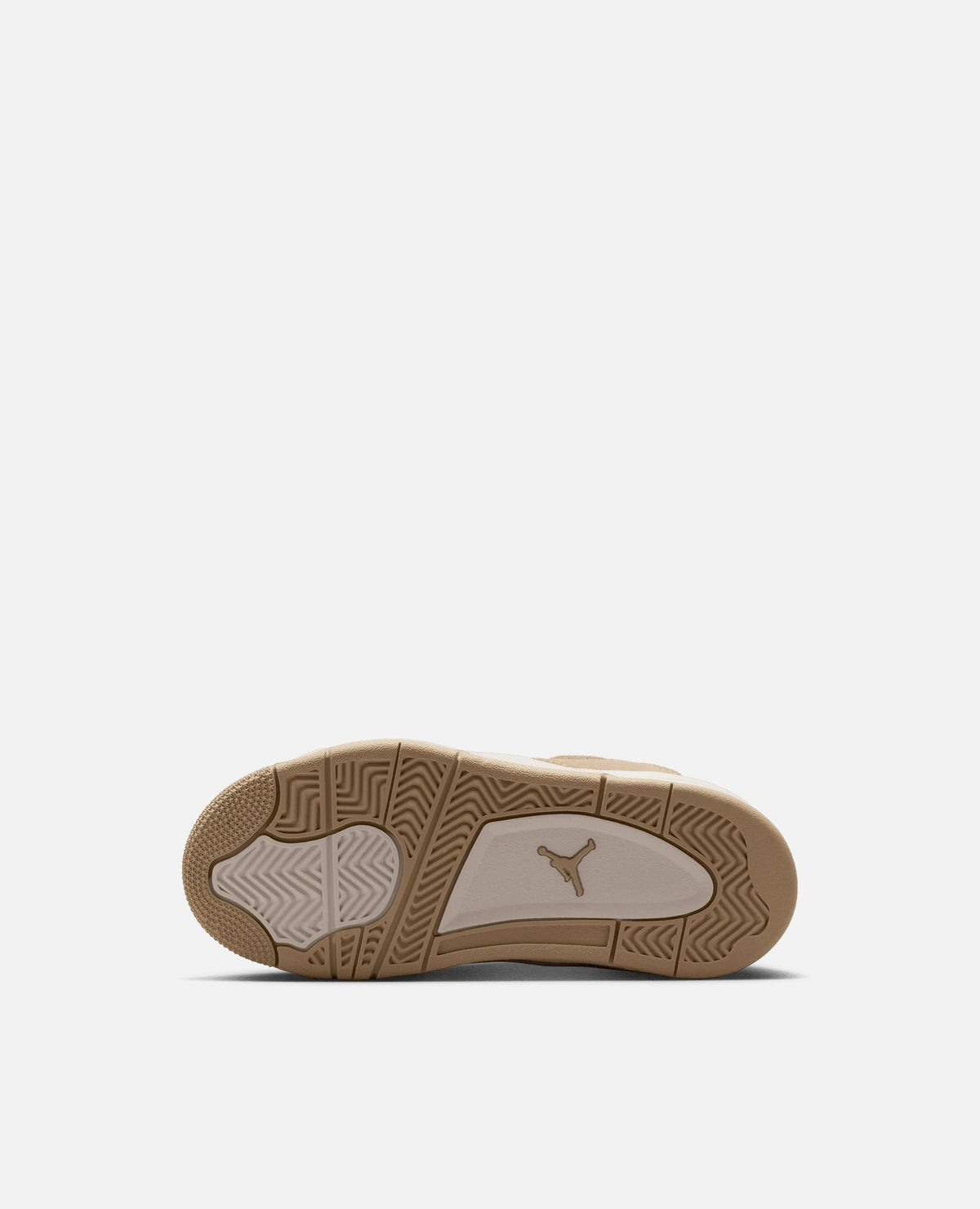 Outsole view of the Nike Air Jordan 4 Retro Tex sneaker in hemp and light orewood brown.