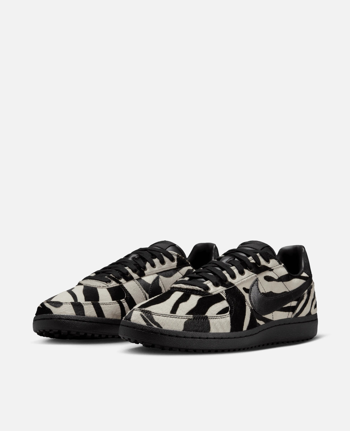 Nike Field General Premium sneakers in zebra-striped pony hair with black soles and Swoosh.