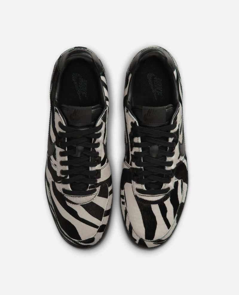 Top-down view of Nike Field General Premium sneakers in black and white zebra print.