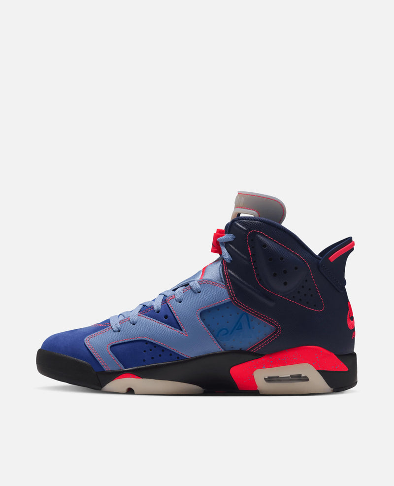 Air Jordan 6 Retro SP x Awake NY sneaker in midnight navy and game royal blue with infrared accents.