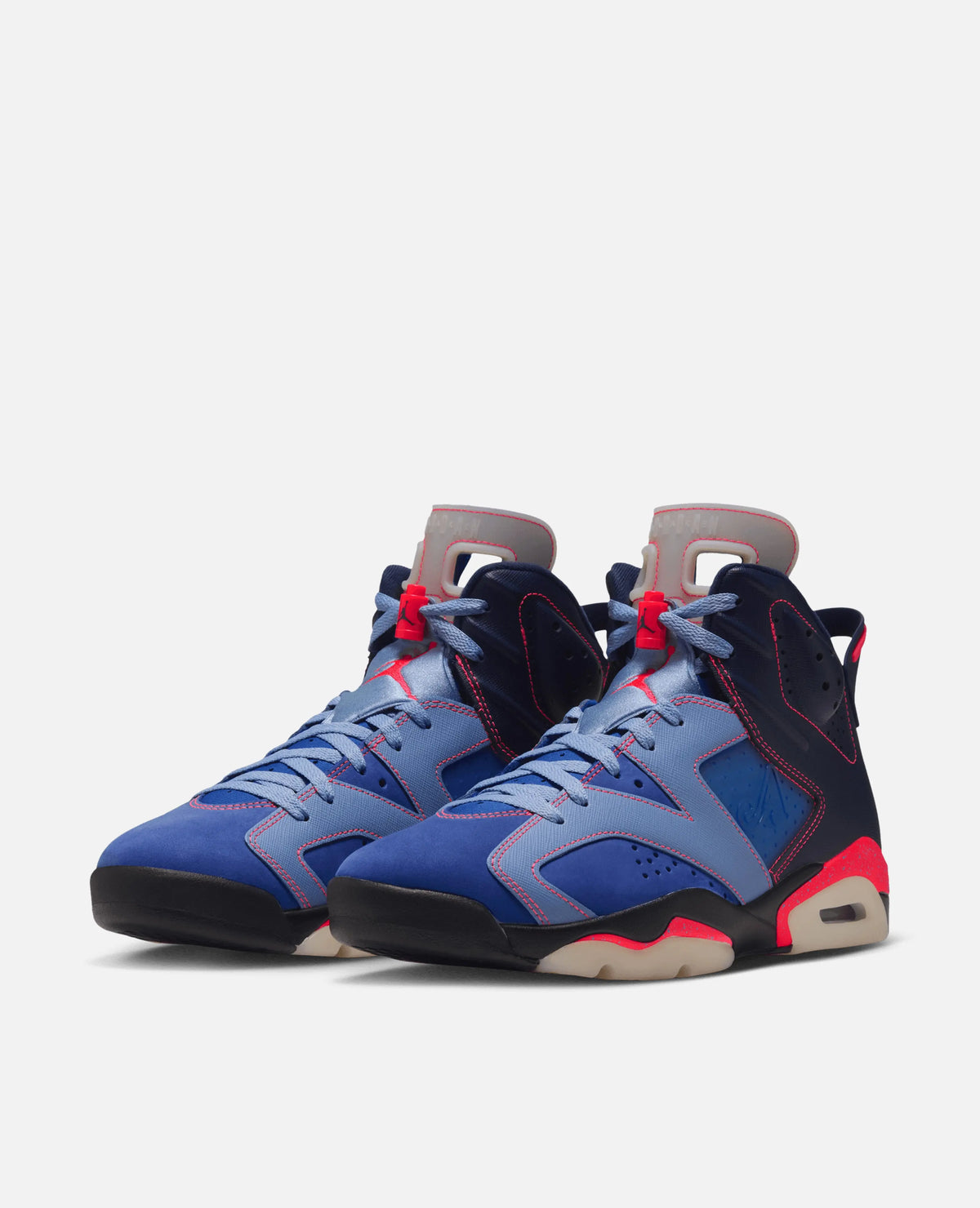 Air Jordan 6 Retro SP x Awake NY sneakers in midnight navy, game royal blue, and infrared.