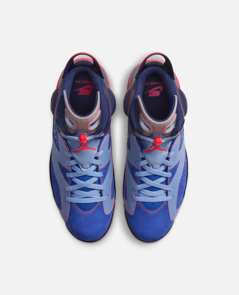 Top-down view of Air Jordan 6 Retro SP x Awake NY sneakers in blue suede with infrared accents.