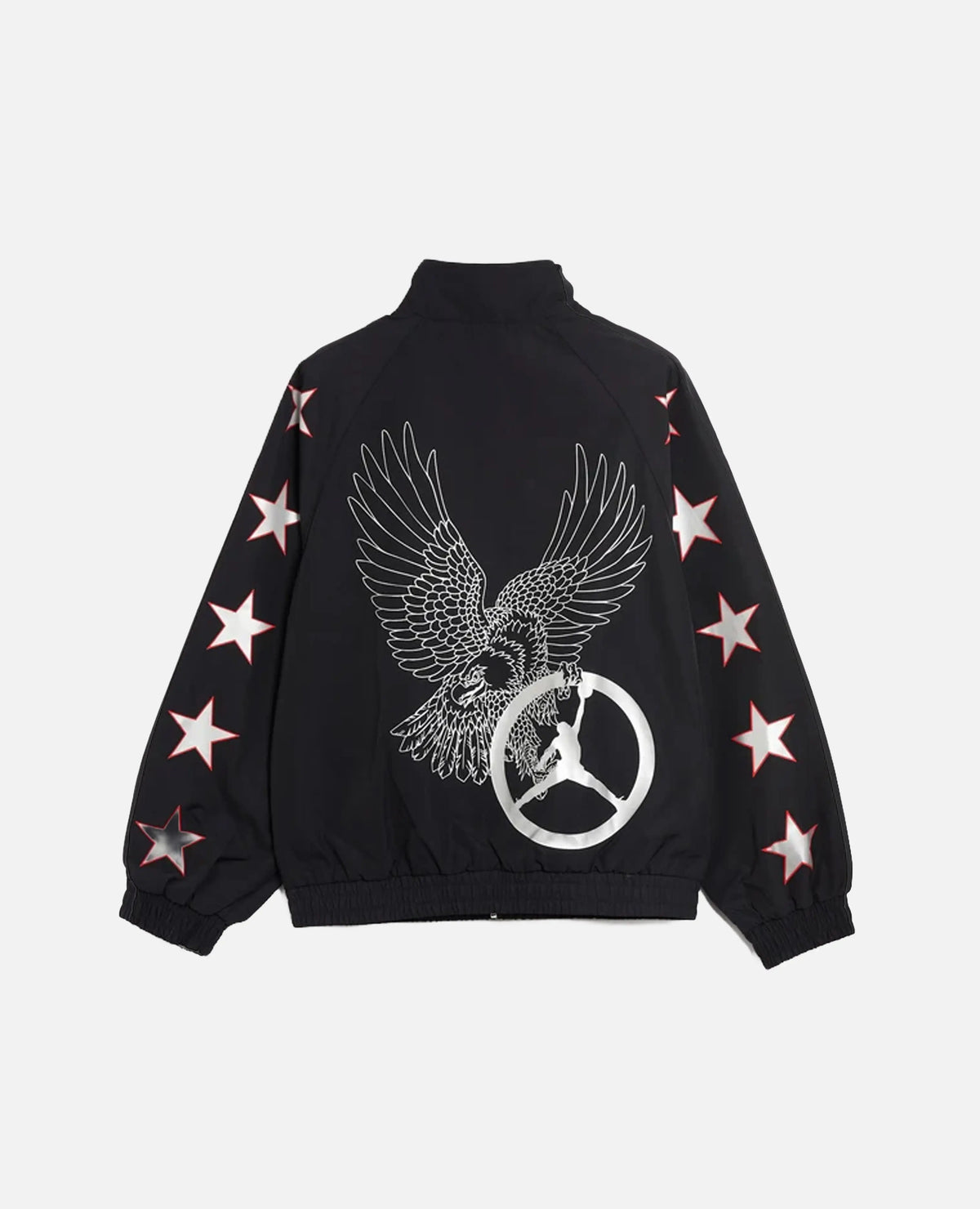 Back view of black Nike Jordan x FTY track jacket with an eagle and Jumpman graphic.
