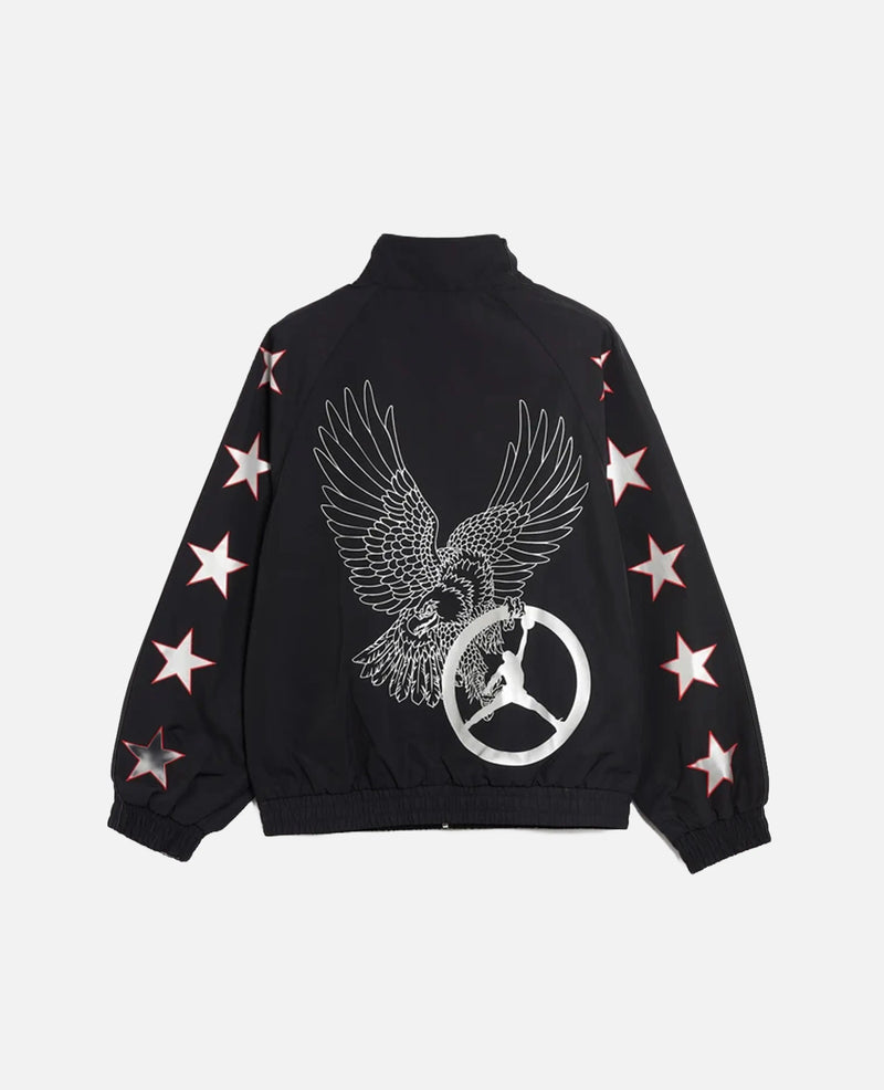Back view of black Nike Jordan x FTY track jacket with an eagle and Jumpman graphic.