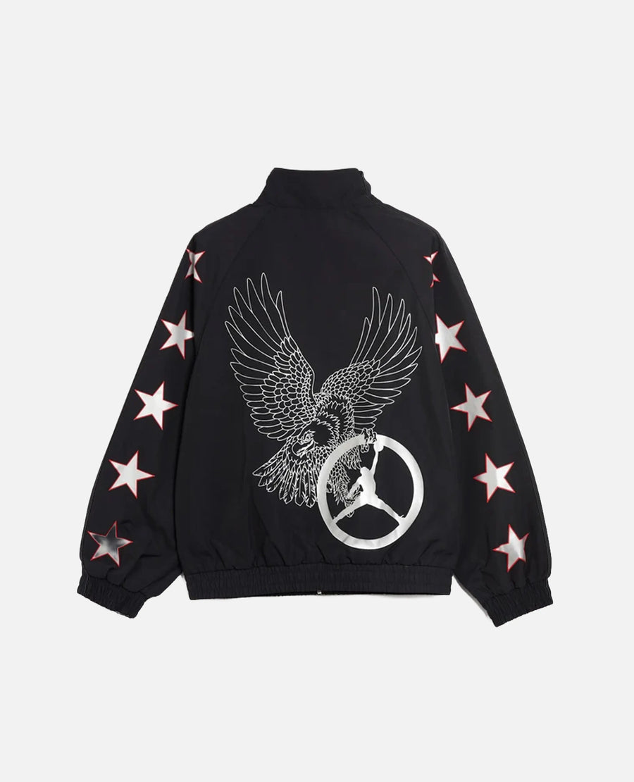 Back view of black Nike Jordan x FTY track jacket with an eagle and Jumpman graphic.