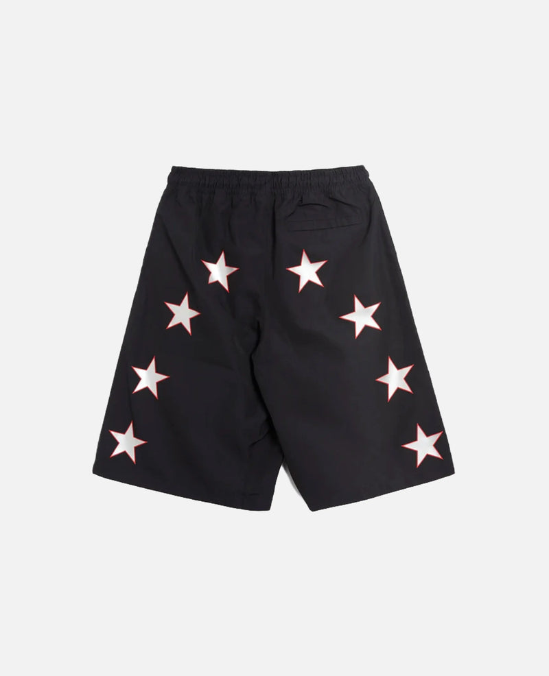 Back view of black Nike Jordan x FTY shorts featuring white star graphics with crimson outlines.