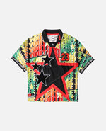 Front view of the Nike Jordan x FTY men's football jersey with vibrant multicolor graphics and star patches.