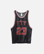 Front view of the Nike Jordan x FTY black mesh basketball jersey featuring red and white FTY 23 print.