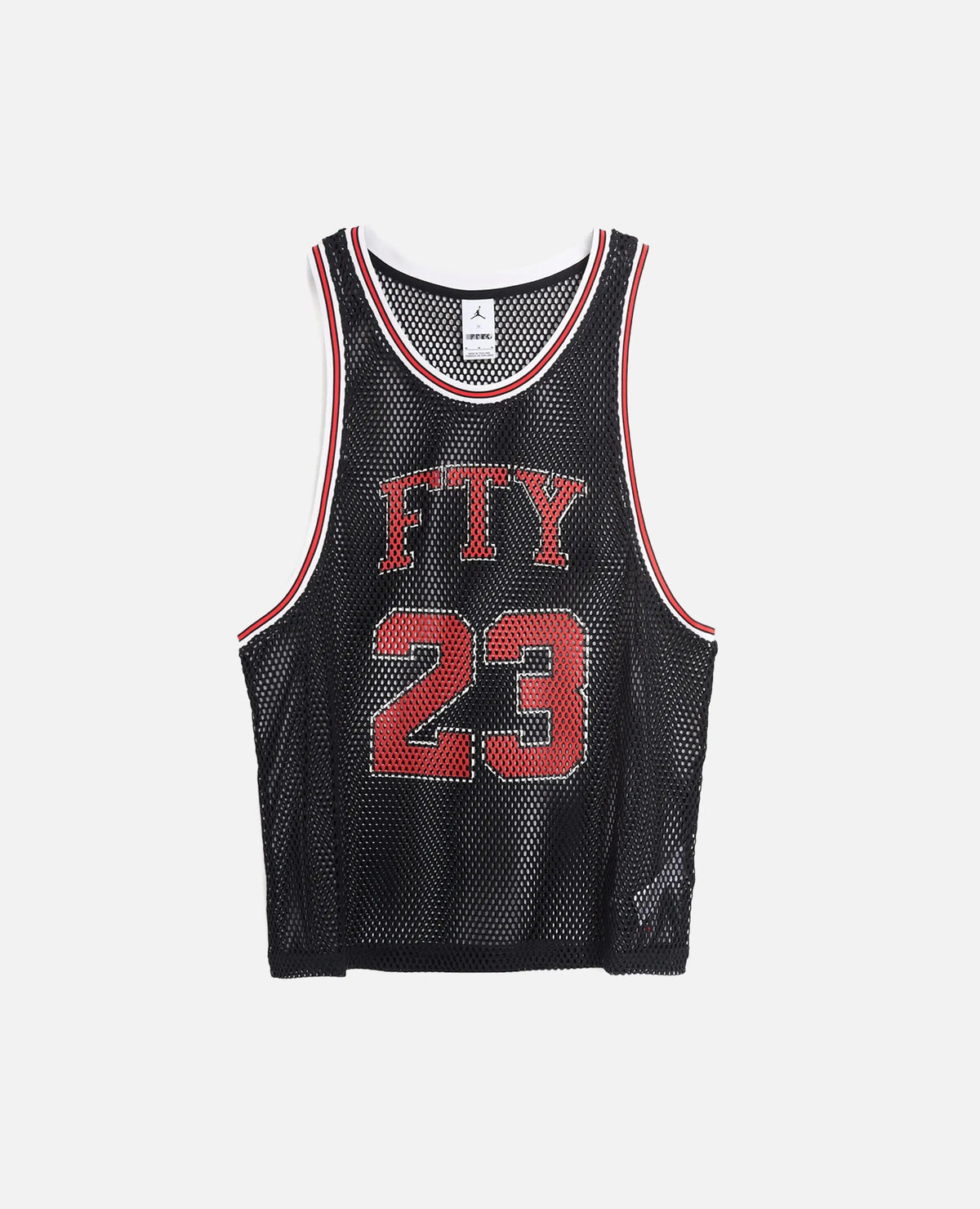 Front view of the Nike Jordan x FTY black mesh basketball jersey featuring red and white FTY 23 print.