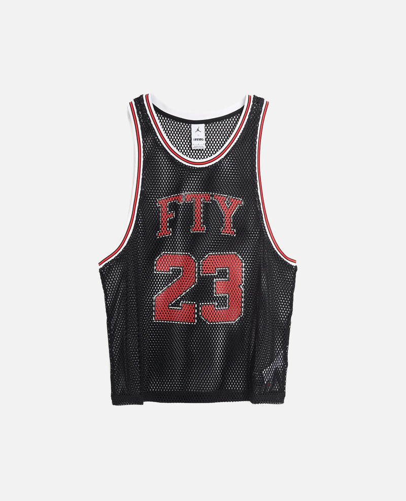 Front view of the Nike Jordan x FTY black mesh basketball jersey featuring red and white FTY 23 print.